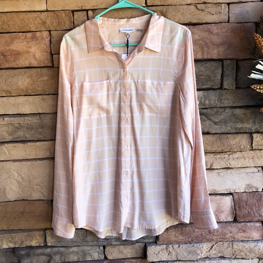 Calvin Klein Peach Pink Plaid Button down Shirt NWT Medium